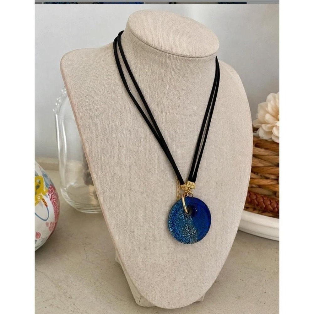 Cobalt Blue Glass Donut Pendant Necklace, Black Cord, Whimsigoth